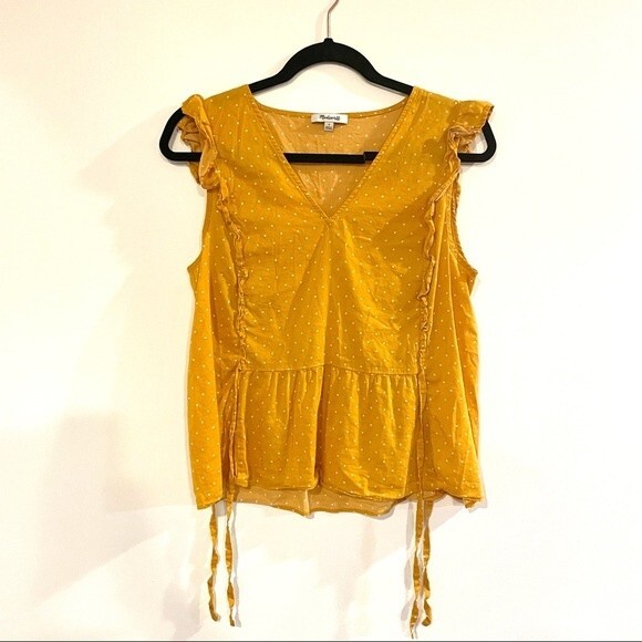 MADEWELL blouse womens yellow Side-Tie Ruffle Peplum Top in Polka Dot small - Picture 8 of 10
